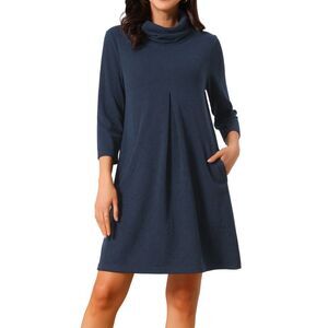 Women's Knit Dress 3/4 Sleeve Loose Turtleneck Fall Mini Sweater Dress Dark Blue